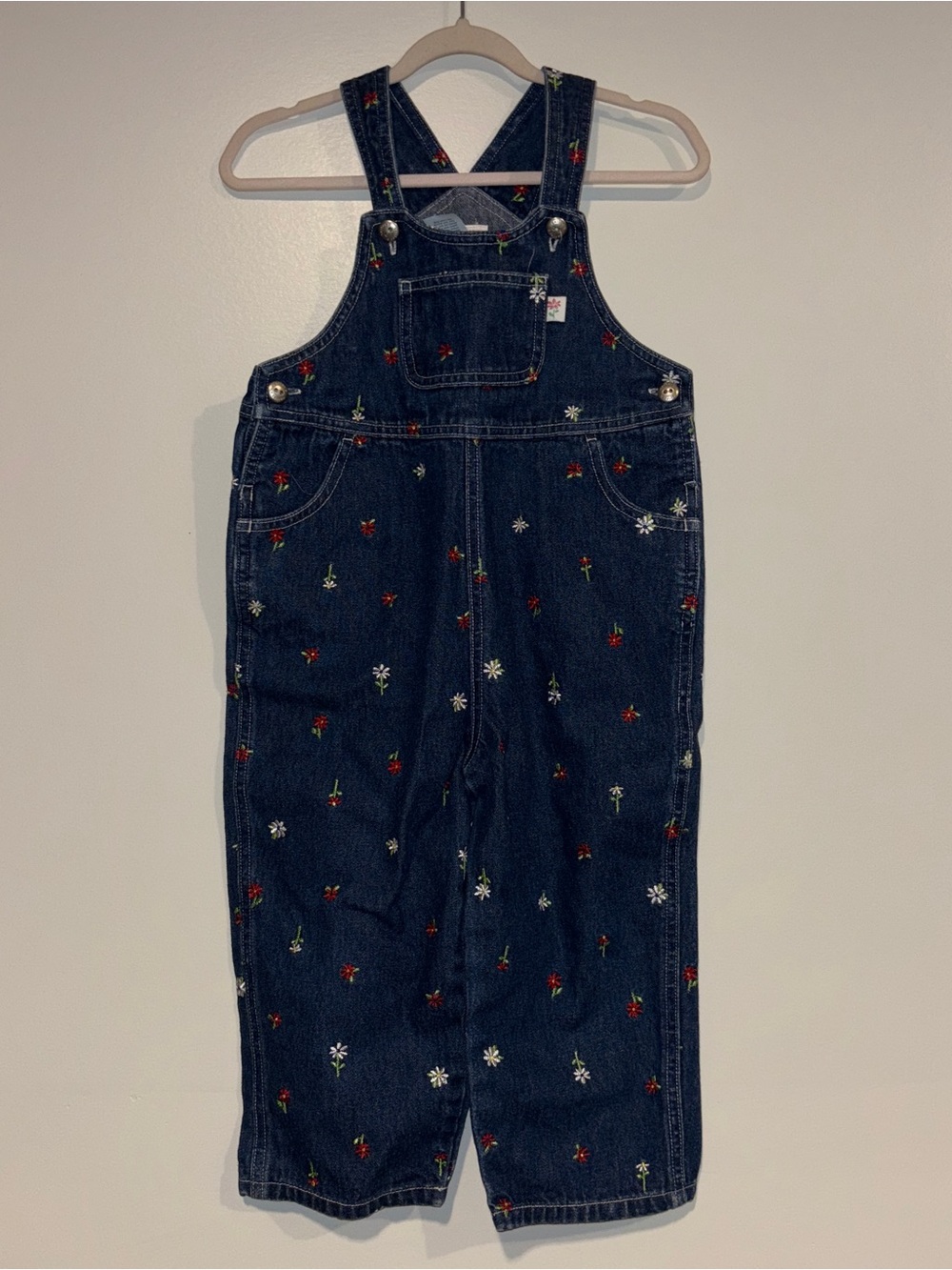 Carter's Dark Blue Denim Overalls with Red & White Floral Embroidery